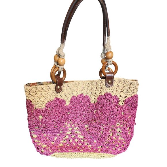 VTG Fossil Long Live 1954 Tote Bag Summer Beach Pink & Beige W/ Key Charm - Picture 3 of 9